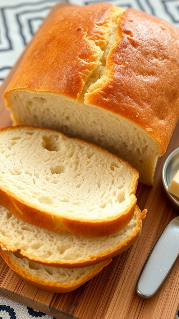 Freshly baked sandwich bread loaf on a cutting board, sliced to show soft texture.